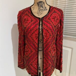 Vintage Stenay Red beaded silk Jacket / top size Large